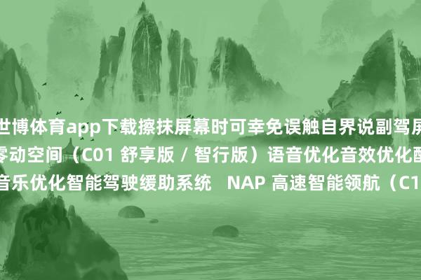 世博体育app下载擦抹屏幕时可幸免误触自界说副驾屏保仪容加多时刻显现加多零动空间（C01 舒享版 / 智行版）语音优化音效优化酷狗音乐优化土产货音乐优化智能驾驶缓助系统   NAP 高速智能领航（C11 智驾版）新增通畅 12 城高架：北京、天津、成王人、广州、佛山、中山、海口、金华、温州、武汉、无锡、宁波  坡谈缓助影像  APA 语音停车（C01 尊享版、C11 智享版 / 尊享版 / 智驾版